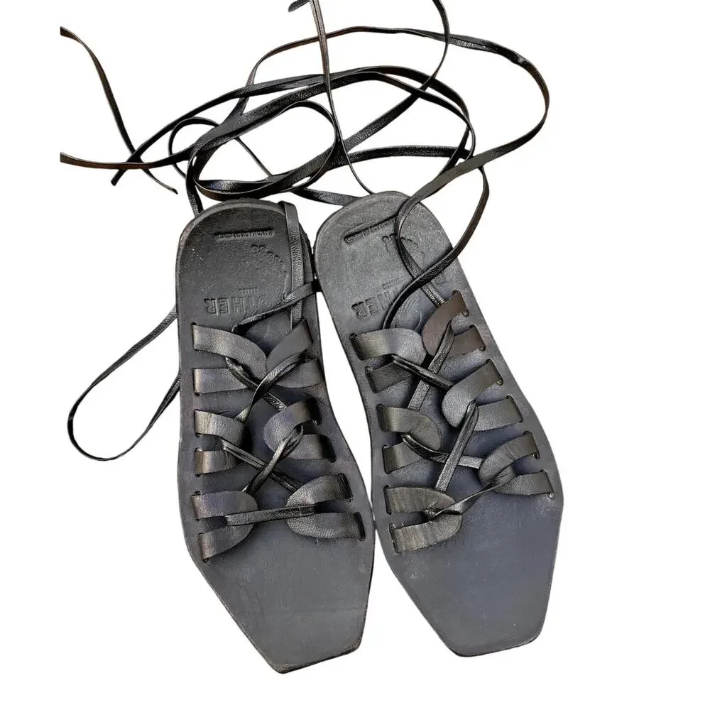 Brother Vellies | Black Leather Lace-Up Gladiator Sandals Made in Kenya Sz 6